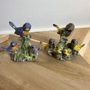 Set Of 2 VTG Blue birds & Gold Finches Ceramic Figurine Japan Signed 2.5"-3" MCM